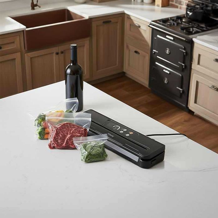 Уред за запечатване на храна с вграден нож и 10 броя вакуум торбички