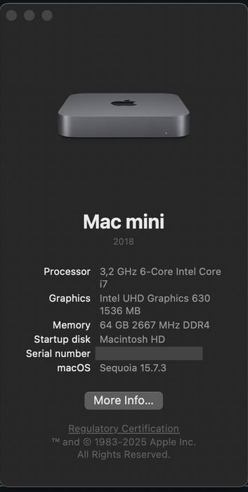 Apple Mac Mini 2018 - i7 3,2GHz 6 Core, 64GB RAM, 1TB SSD