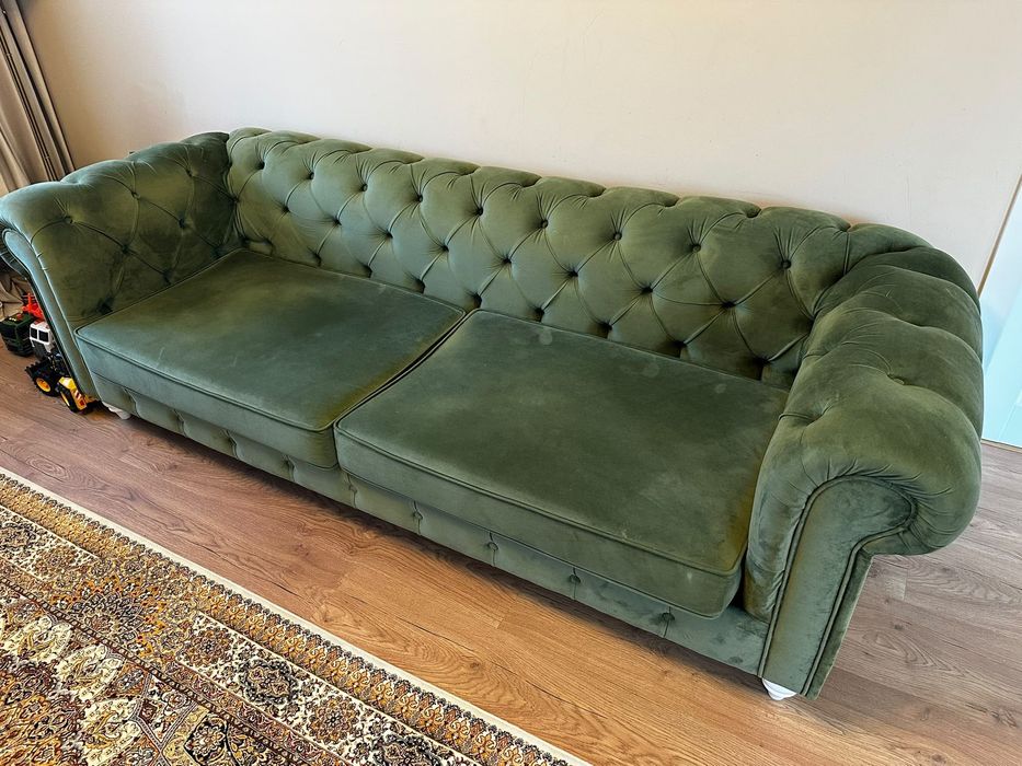 Set Chesterfield canapea + fotoliu, catifea verde smarald