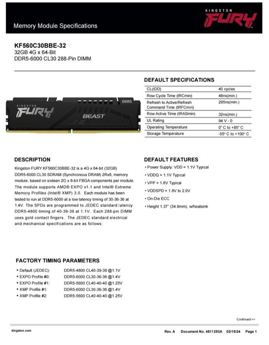 Оперативная память DDR5 Kingston FURY Beast 32GB 6000MT/s CL30