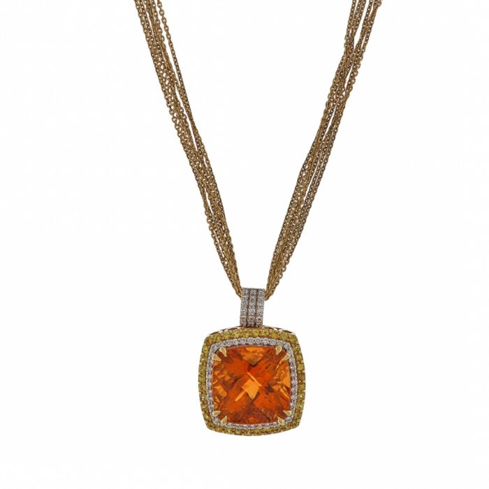 Colier, lant si pandantiv aur galben 18k, cu citrin natural, safire