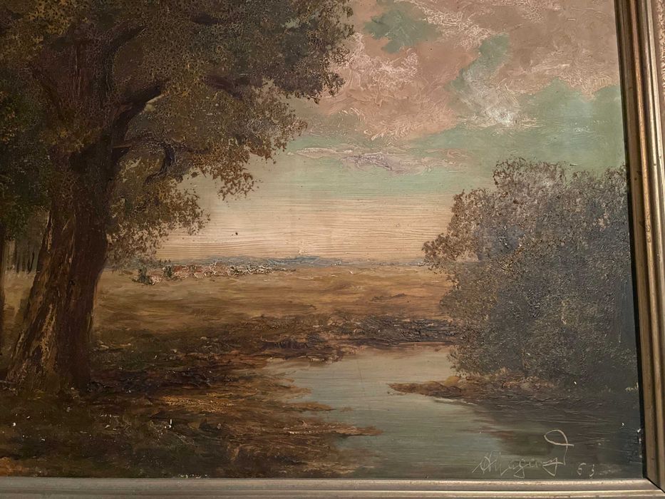 Tablou Vechi Ulei pe Panza - Peisaj Rural Semnat, Anul 1953