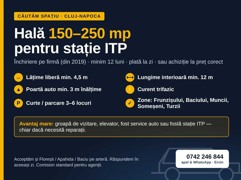 Caut hală 150–250 mp Cluj pentru service/ITP — plătesc chirie la timp, firmă din 2019