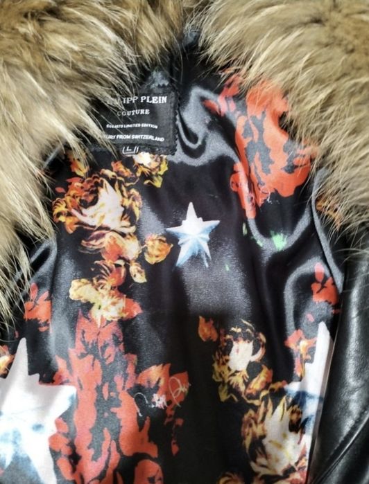 Geaca piele cu guler detașabil blana de vulpe. Philipp Plein mărimea L