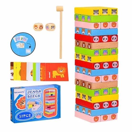 Игра Нестабилна кула Jenga, Монтесори, дървена, с Животни, 51 части