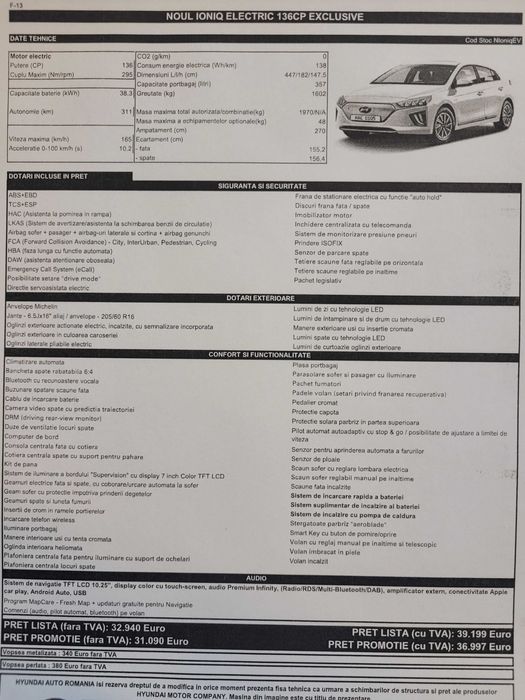 Hyundai Ioniq EV  - Electric - Unic Proprietar in garantie