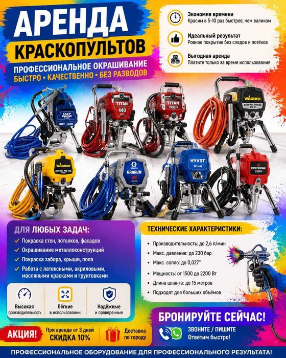 Краскопульт,распылитель безвоздушный.Аренда прокат Астана