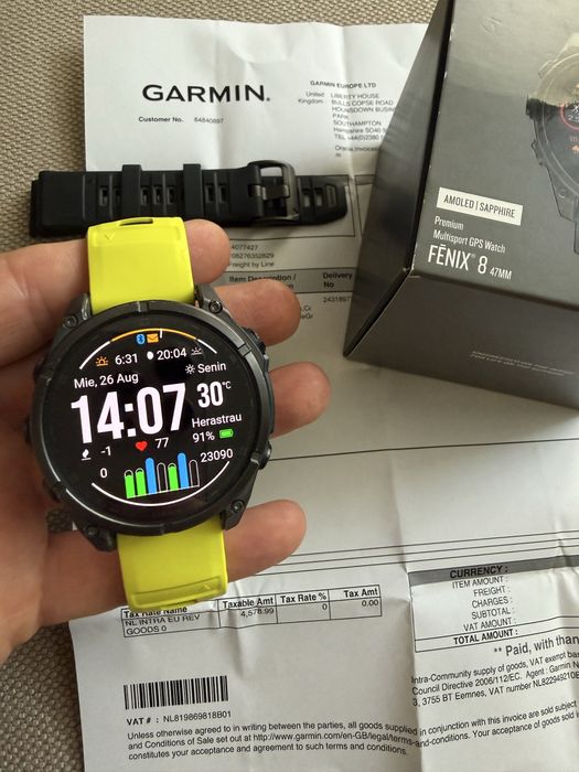 Garmin Fenix 8 AMOLED Titanium Sapphire 47mm - Factura si Garantie + Curea NOUĂ galben neon