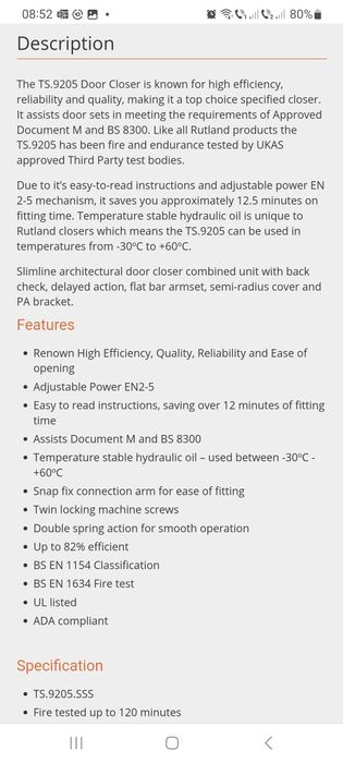 Amortizor usa Rutland TS 9205 120 min rezistență la foc