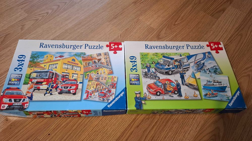 Puzzle copii Ravensburger pompieri + politie - 2 cutii, 3 in 1, 6x49 piese, 5ani+, 60lei