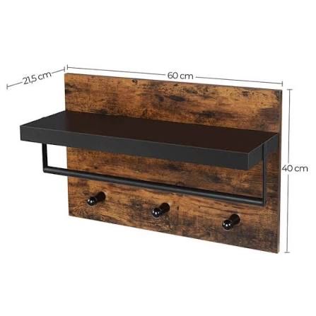 Cuier NOU de perete cu raft și 3 cârlige, rustic maro/negru, 60x40 cm