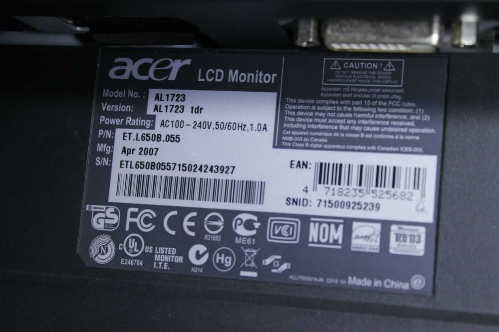ОРИГИНАЛЕН ACER AL1723 LCD МОНИТОР AL1723 17-инчов TFT черен/сребрист