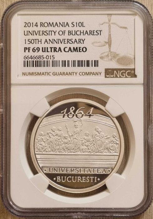 Moneda BNR 10 lei argint Universitatea Bucuresti gradata NGC PF 69