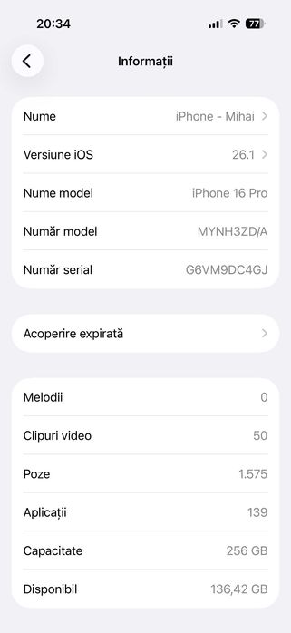 iPhone 16 Pro, 256GB, 5G, Black Titanium, Factură, Garanție 01.11.2026