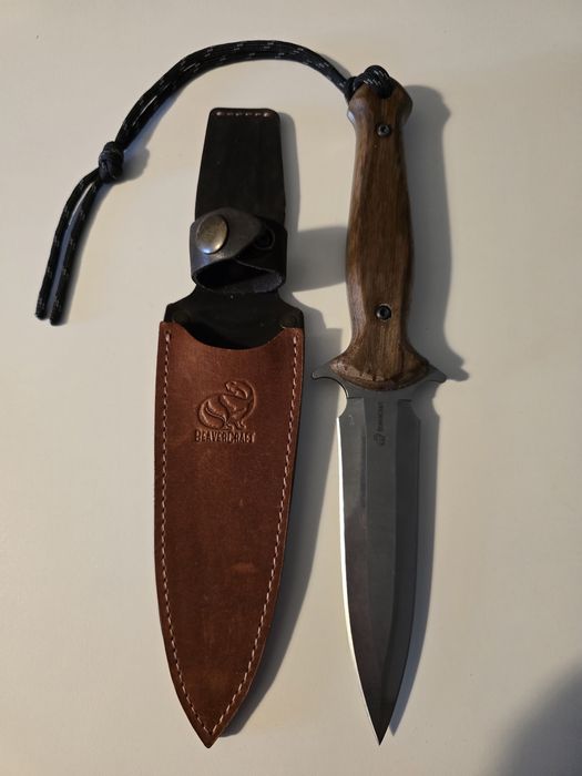 Cutit Tactic TLK2, Tais dublu, Teaca Piele, Maner Lemn, 28 cm