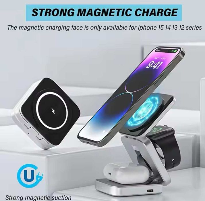 3in1 Безжична стойка за зареждане 30W за iPhone, Airpods и Apple Watch