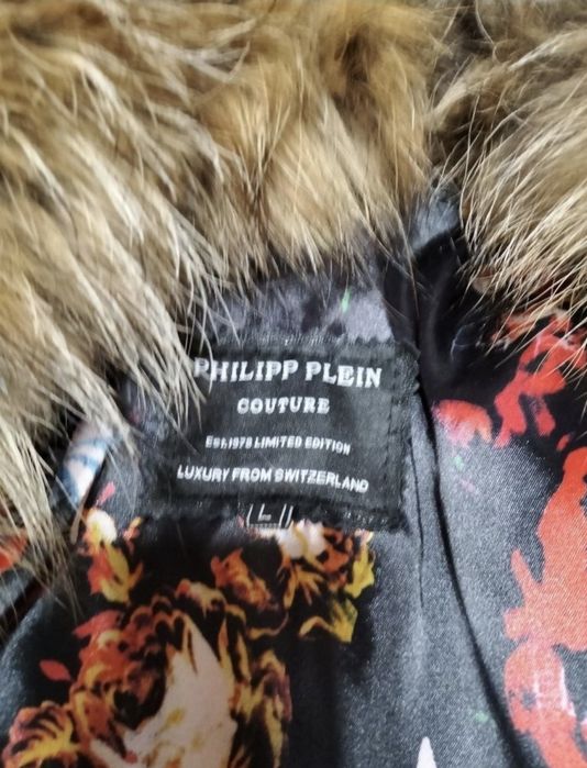 Geaca piele cu guler detașabil blana de vulpe. Philipp Plein mărimea L