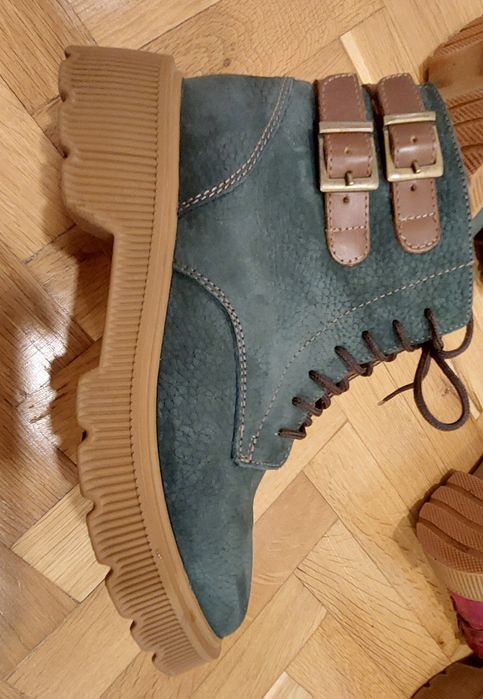 Боти естествена кожа  бордо и маслено зелено