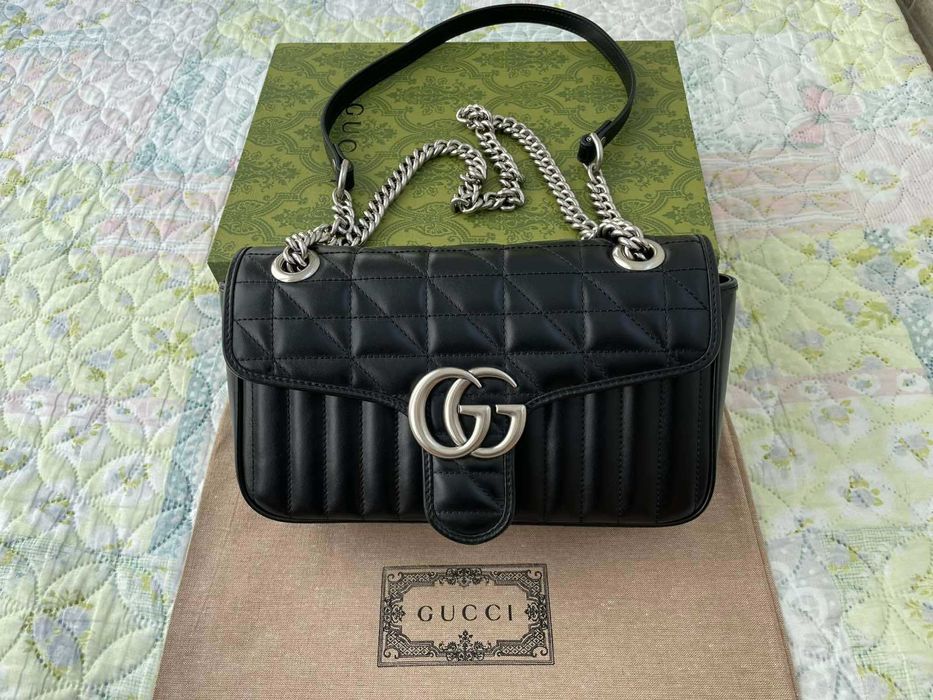 Гучи Черна Кожена чанта Marmont Оригинална Gucci Дръжка И Синджир GG