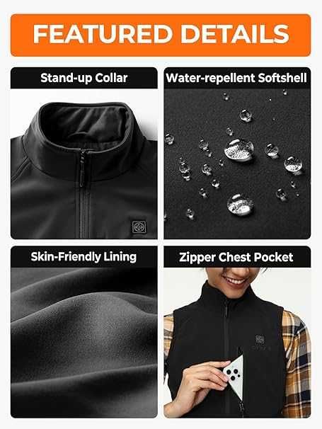 ORORO Дамска отопляема софтшел жилетка с Power Bank, черна, размер М