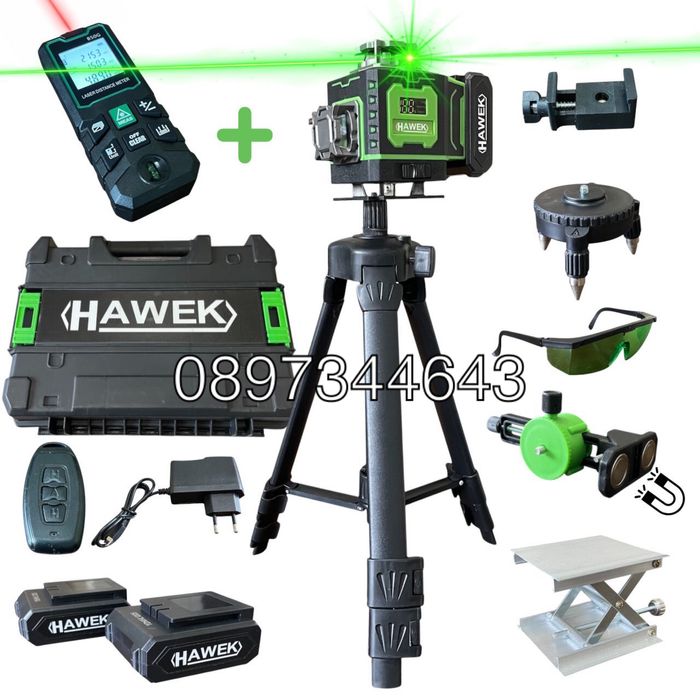 Лазерен нивелир HAWEK 4D 16 линии  + лазерна ролеткд 50м