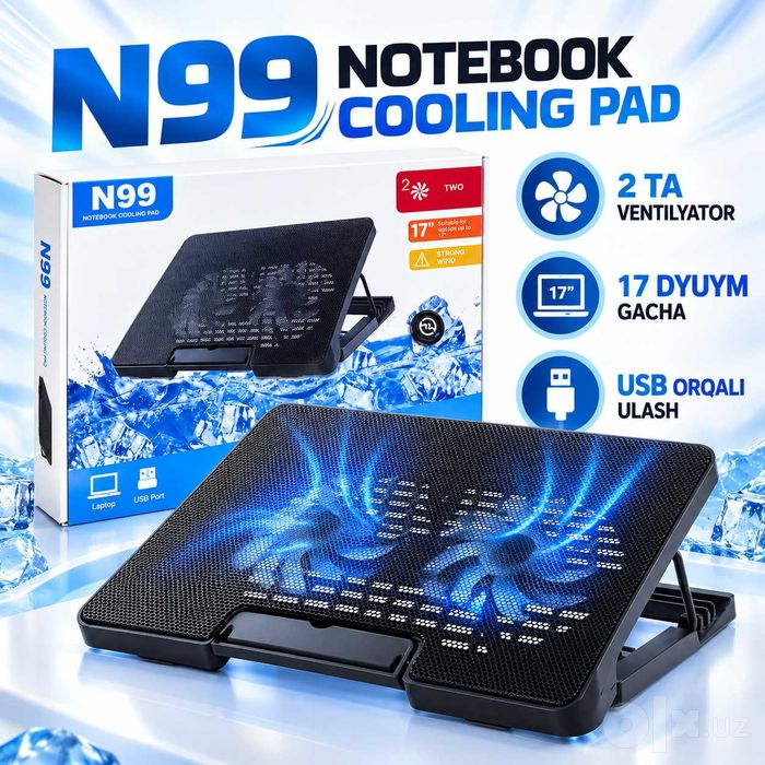 N99 Notebook Cooling Pad — Noutbuk uchun 2 ventilyatorli sovutkich