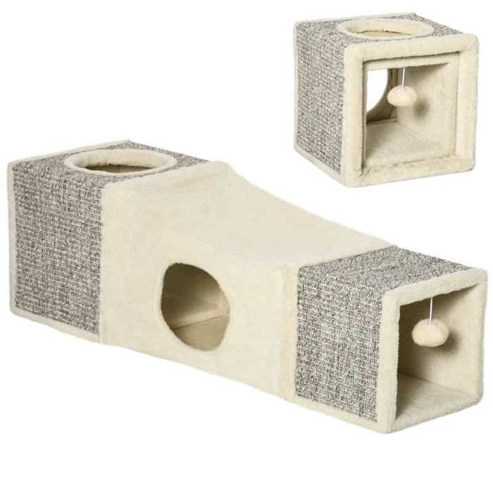 Тунел за котки PawHut, 2 котешки пещери, повърхности за драскане