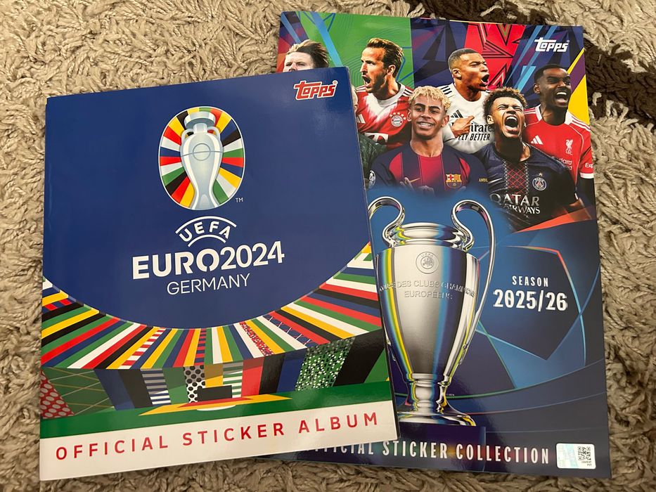 De vânzare Album Topps Euro2024 în stare bună complet(98%)lipsesc 24de stickere. Album Topps UEFA Champions League 2025/2026 complet(100%)stare bună.