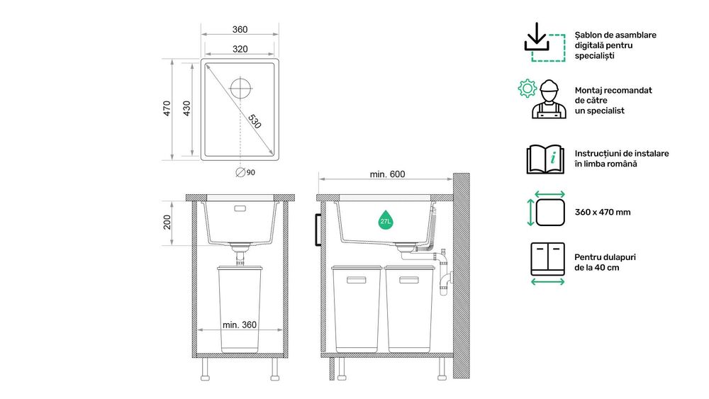 Chiuvetă de bucătărie granit sub blat- Primagran XXL London 40 + Sifon