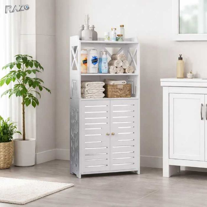 Dulap dublu depozitare baie  Rafturi superioare Dulap inferior cu 2 usi Mobilier modern 40x25x90 cm Alb