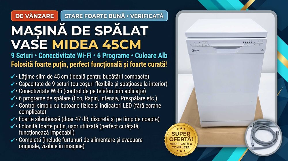 Mașină de spălat vase Midea 45 cm, 9 seturi, Wi-Fi, 6 programe