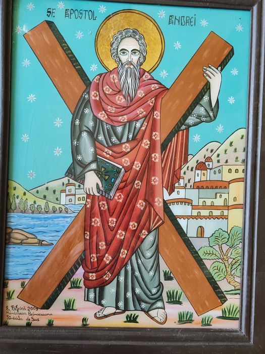 Icoana Sf. Andrei pictată pe sticlă – Mănăstirea Brâncoveanu, 60×46 cm, ramă lemn.
Descriere:
Vând icoană reprezentând pe Sfântul Andrei, pictată manu