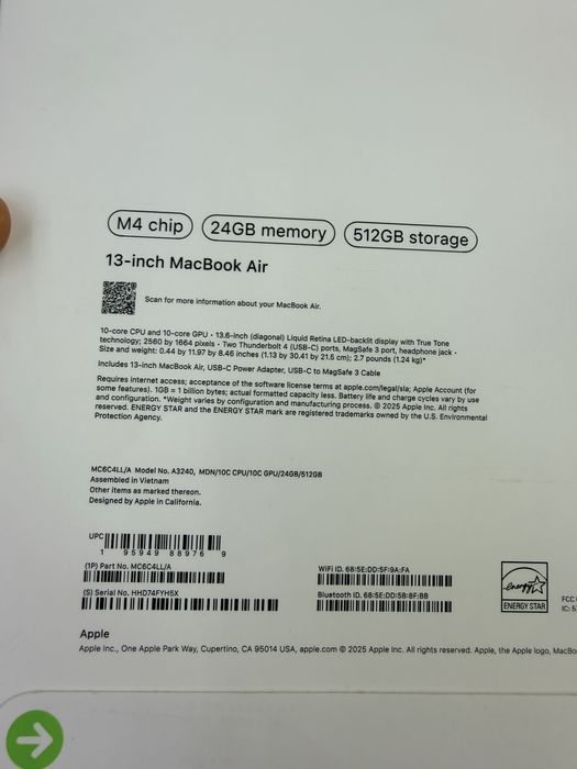 Macbook air 13 24/512 m4