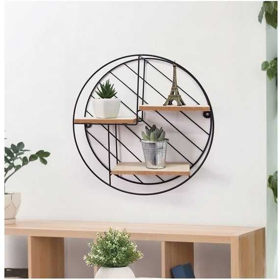 Декоративна етажерка за стена, метална, естествен цвят, Ø30x9см