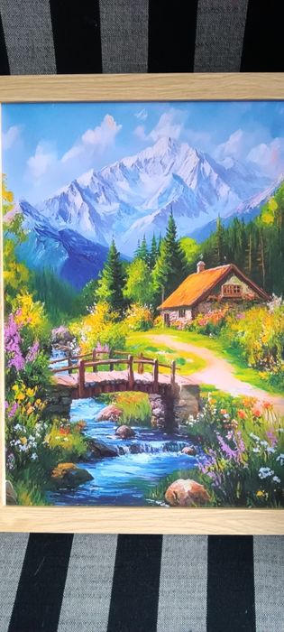 Хармония-пасторална сцена с къщичка, поток и диви цветя, идеална за до