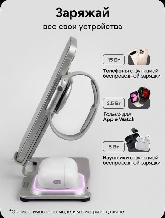 Беспроводная зарядная станция / Док станция / Быстрая зарядка / Белый
