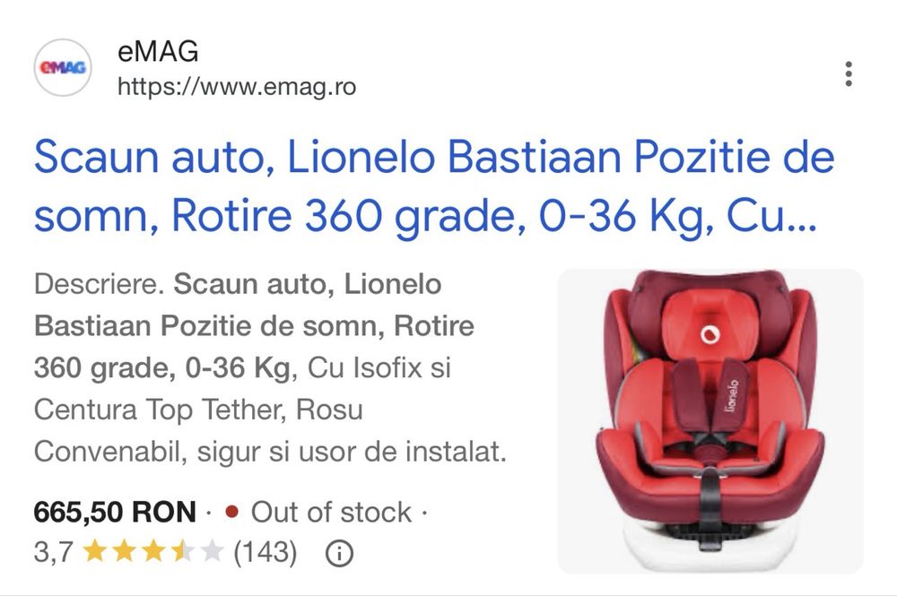 Scaun auto, Lionelo Bastiaan Pozitie de somn, Rotire 360 grade, 0-36 Kg, Cu Isofix si Centura Top Tether, Rosu