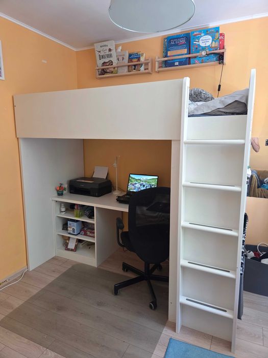 Pat copii supraetajat / suprapus IKEA, cu birou si spatiu depozitare, alb, saltea inclusa