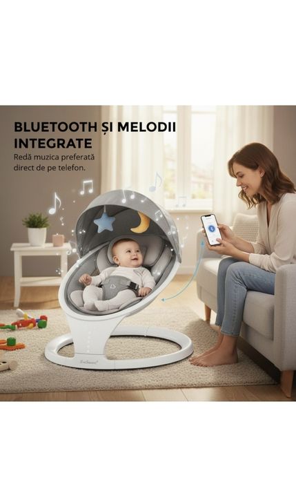 Leagan Electric EvoSmart™ SW, Multifunctional Pentru Bebelusi cu Acoperis Rabatabil Si Plasa Protectie Tantari, Conexiune Bluetooth, 5 Trepte