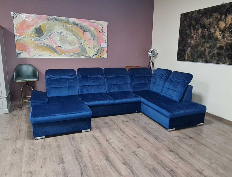 Син П образен ъглов диван от плат Nigrum с функция сън