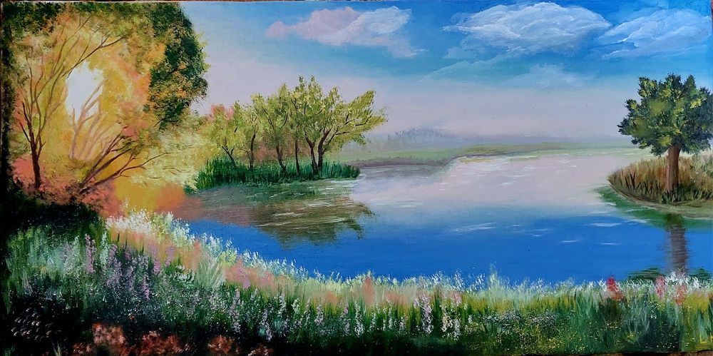 Картина,Летний закат солнца написана маслом на холсте с подрамникомапи