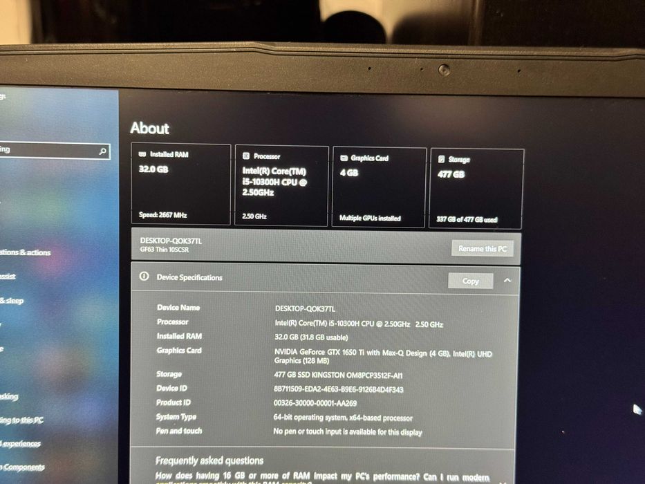 Laptop Gaming MSI GF63 THIN 32GB RAM 512GB SSD