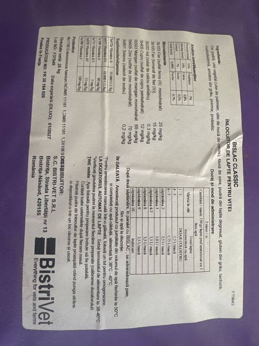 Lapte praf Bislac,pentru vitei-7buc,25kg-buc