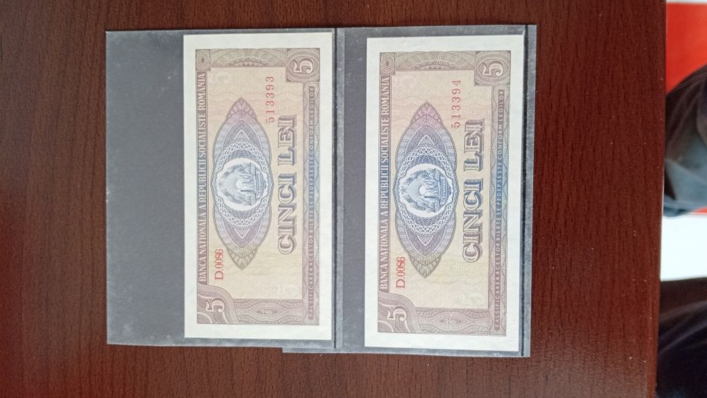 Pereche bancnote 5 lei 1966 serii consecutive, stare unc(perfecte)