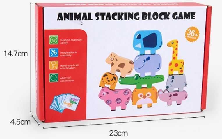 Joc Montessori de Stivuire Animale din Lemn, 10 Piese, 10 Cartonase