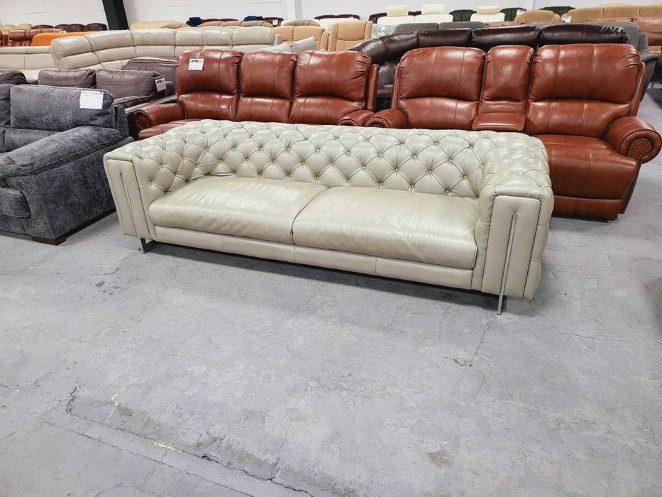 Голям сив кожен диван Честърфийлд - естествена кожа