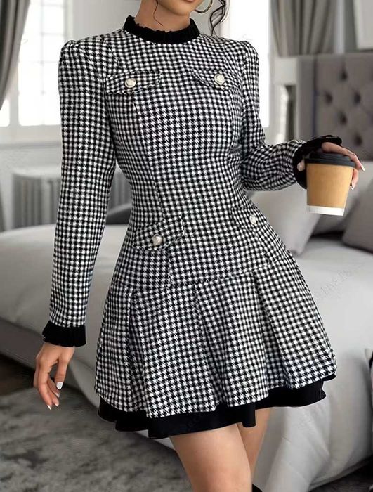 Рокля каре, Елегантна рокля, Есенна рокля, Рокля черно и бяло