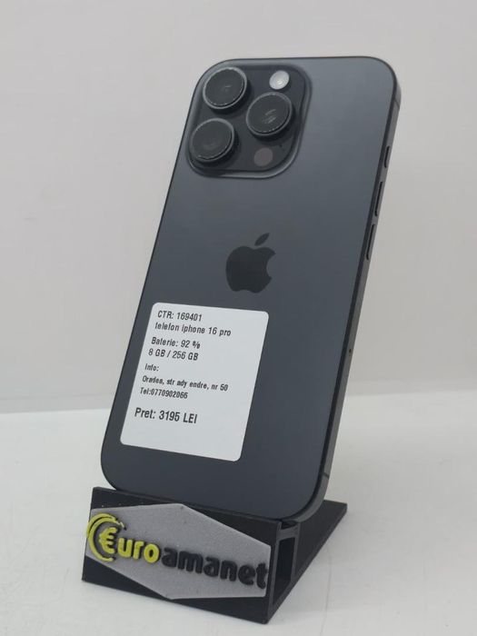 Telefon mobil Apple iPhone 16 Pro, 256GB, 5G, Black Titanium, 92% -A-