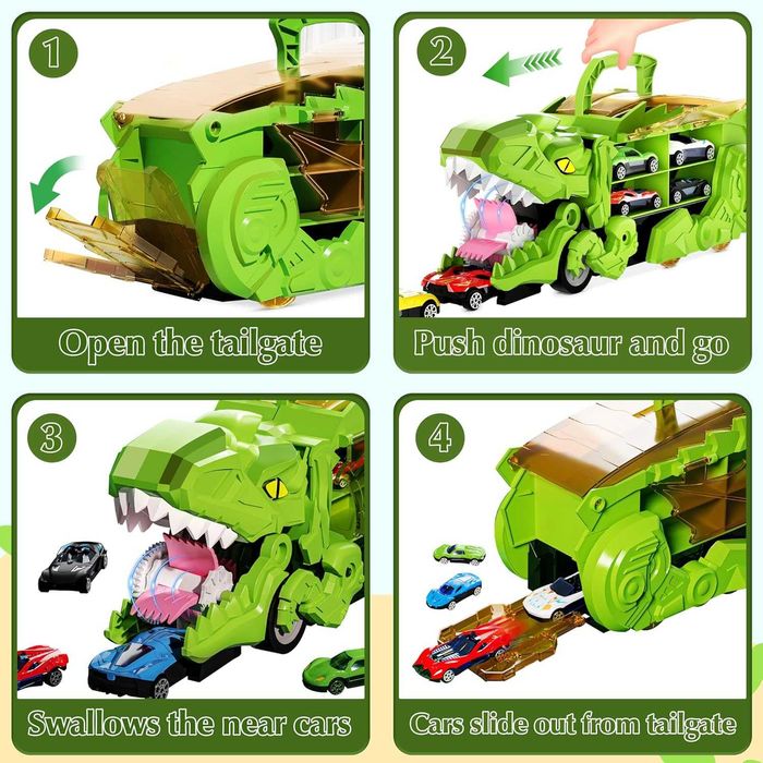 DinoMax–Camionul care Inghite Masini, 8 Masinute, Pista de Lansare,