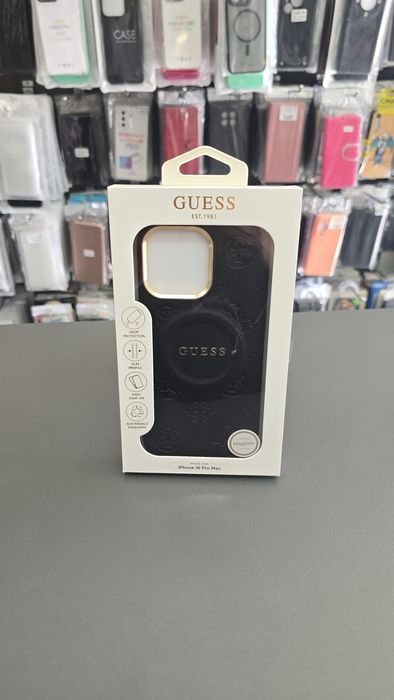 Оригинален гръб GUESS за IPhone 16 Pro Max в черен цвят с вграден MagSafe кожен стилен кейс за айфон 16 про макс